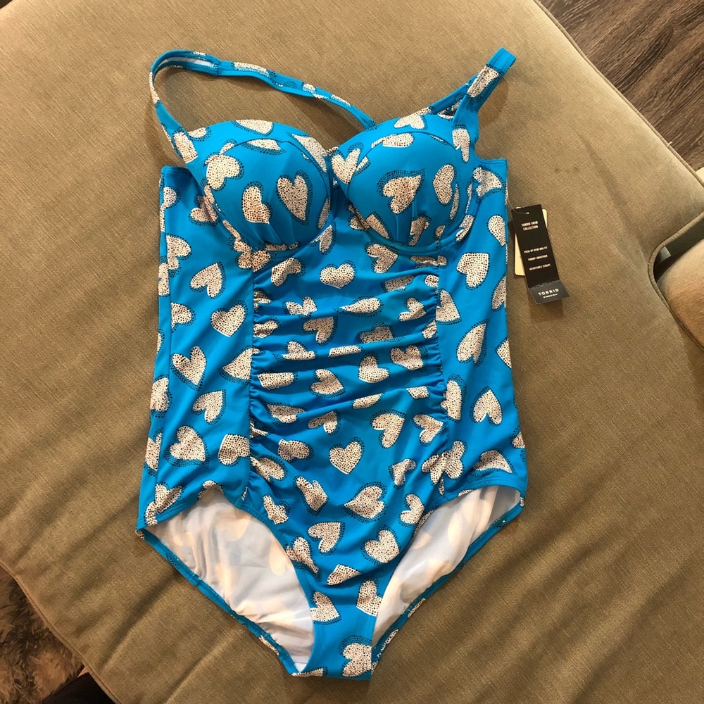 NWT Torrid One-Piece Swimsuit, Blue, Hearts, 12